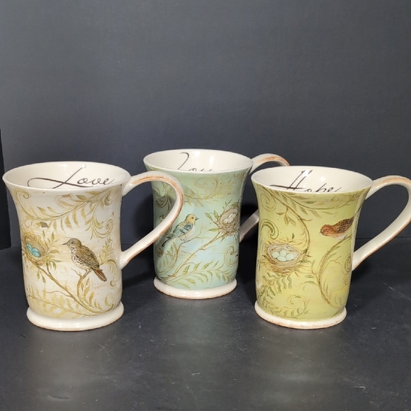 Square One,Kate Mcrosite Set Of 3 Nature's Nest Joy,Hope,Love Coffee Mugs. - Picture 1 of 14